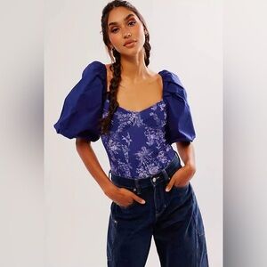 NEW Free People Rose Bodysuit Blue Floral Top